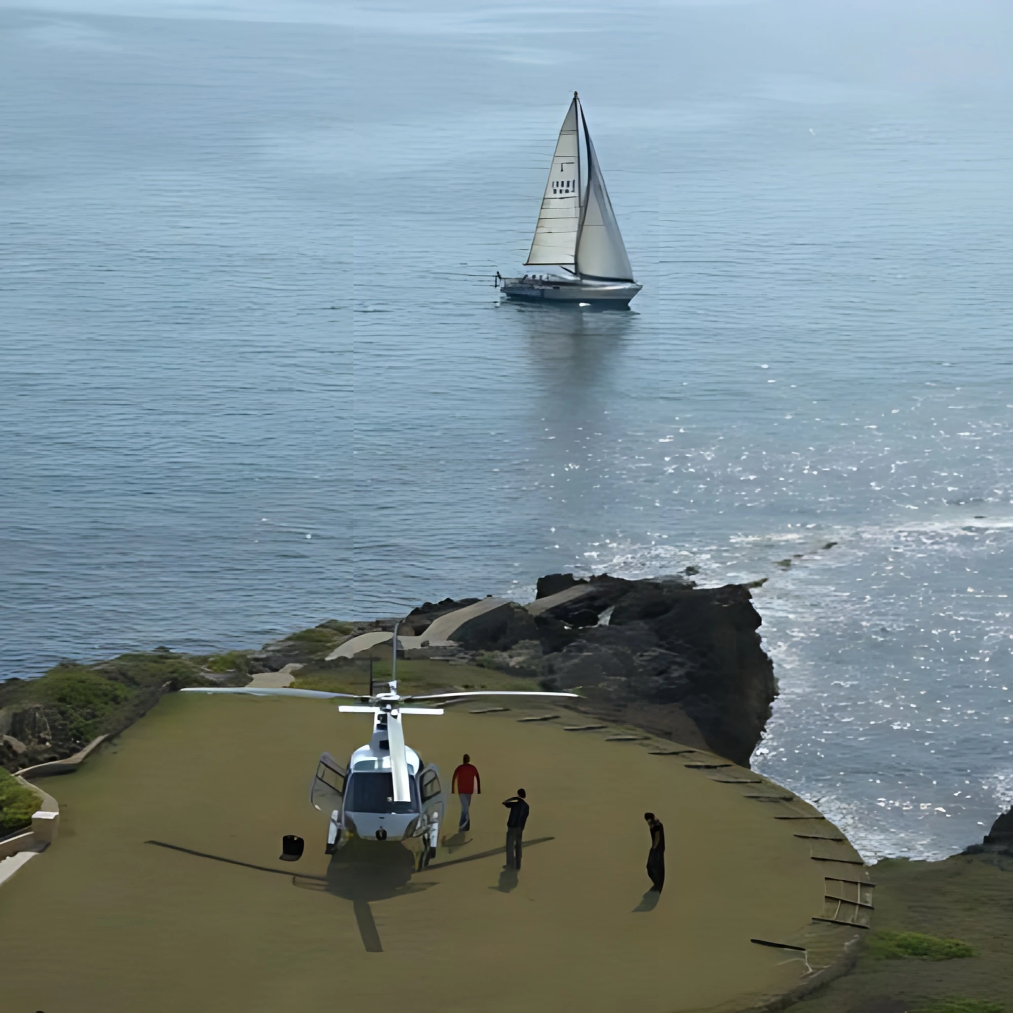 Elisuperficie privata di Villa Las Tronas Hotel & Spa ad Alghero, con elicottero in sosta sulla scogliera e vista panoramica sul mare.