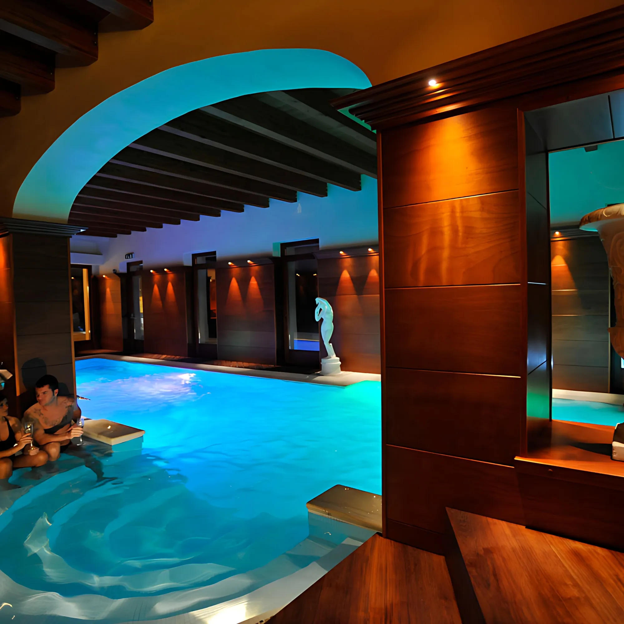 Coppia di ospiti con calice in mano nella piscina coperta di Villa Las Tronas Hotel & Spa ad Alghero con statua classica sullo sfondo