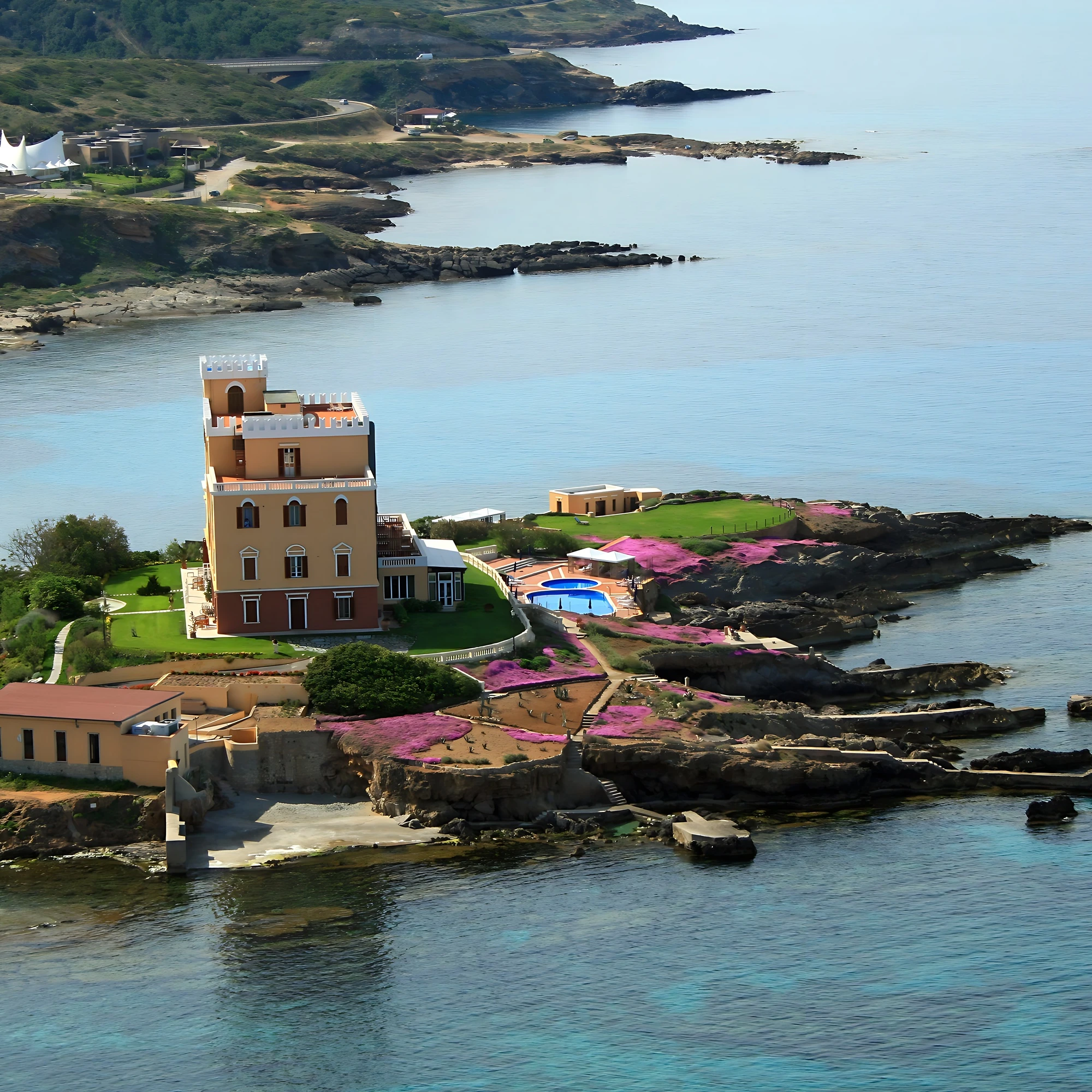 Foto aerea di Villa Las Tronas Hotel & Spa, Alghero, con focus su piscina esterna, giardini fioriti e scogliera privata.